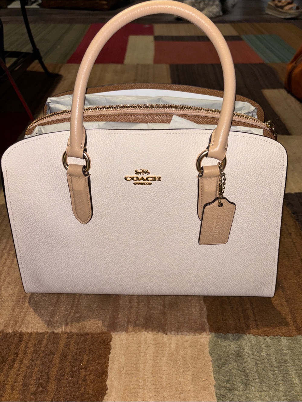 Coach Two-Tone Pebble Leather Satchel in Light Pink and Beige